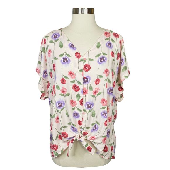 Bobeau Floral Tie Up Button Down Blouse - Size Large - Picture 1 of 5